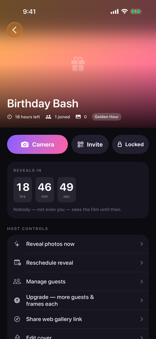 A OneRoll event with a reveal countdown and host controls