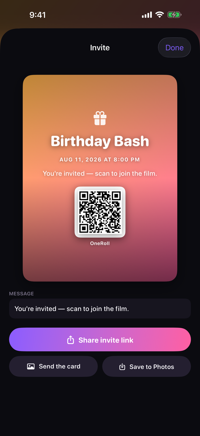 The OneRoll invite card with a scannable QR code