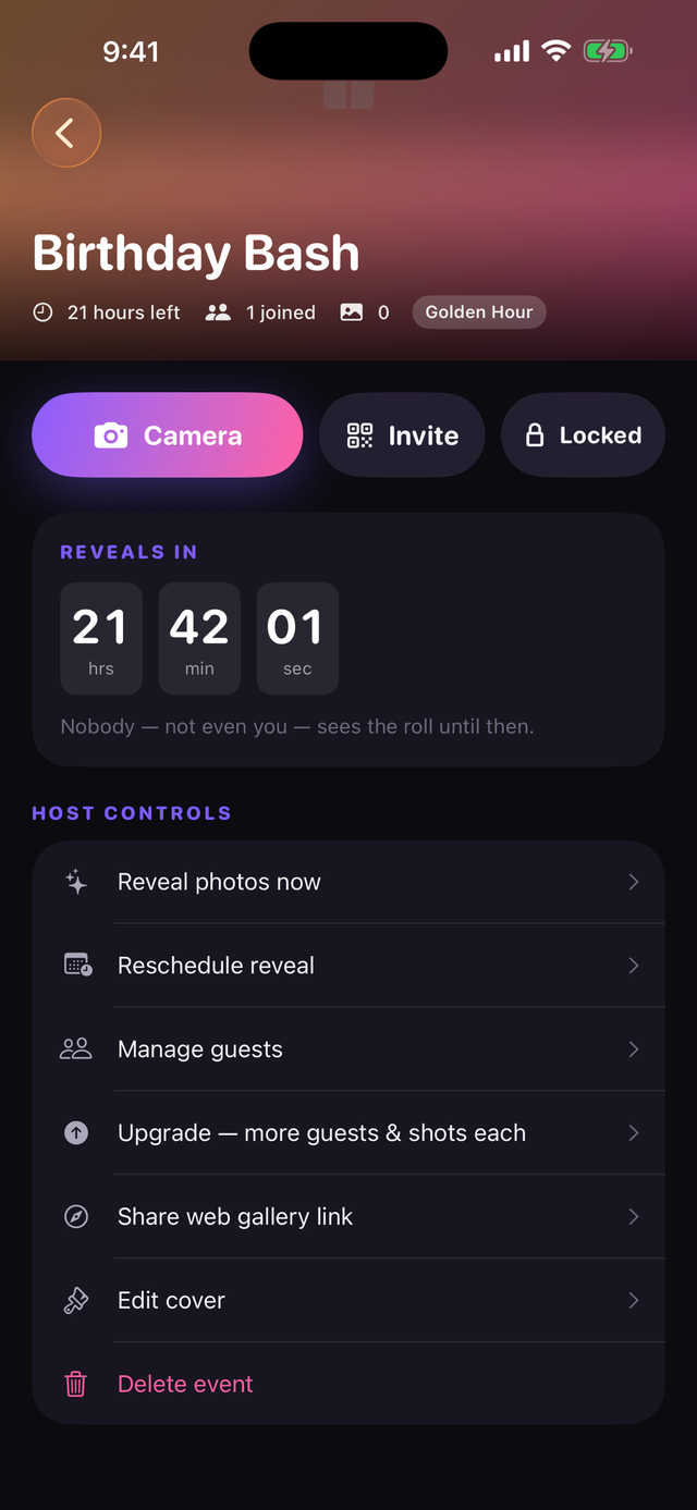 A OneRoll event with a reveal countdown and host controls