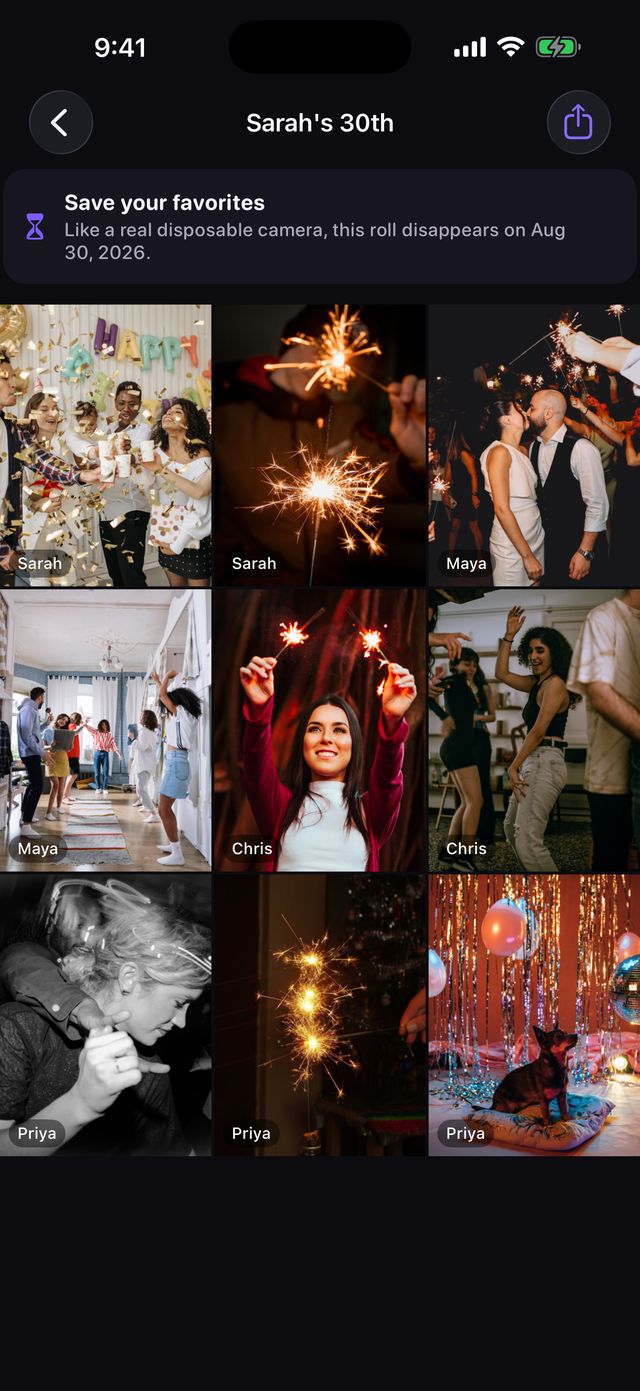 A revealed OneRoll album of party photos, each credited to the guest who took it
