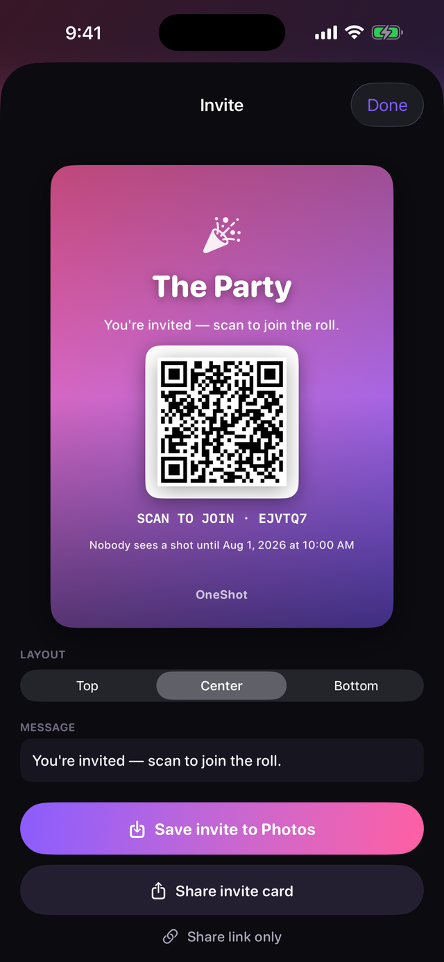 The OneRoll invite card with a scannable QR code